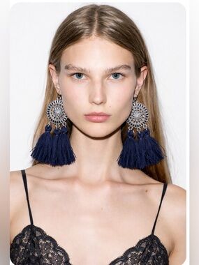 Boho Navy Tassel Drop Earrings with Silver Medallions